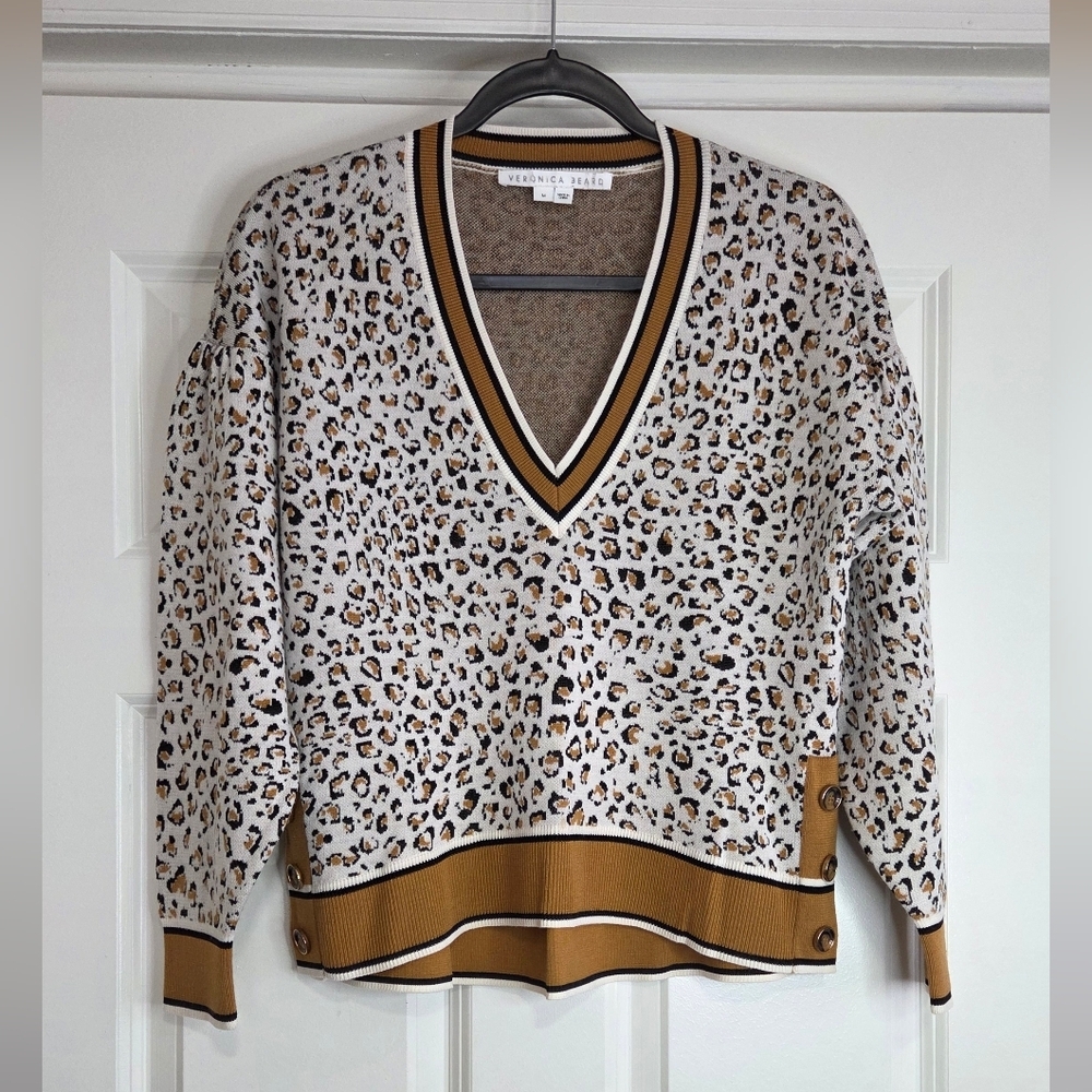 Veronica Beard Ronja Animal Print Varsity Trim V-Neck Sweater - Size M View 2